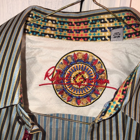 ROBERT GRAHAM Limited Edition Shirt Light Blue With Black & Yellow Stripes - Picture 5 of 11